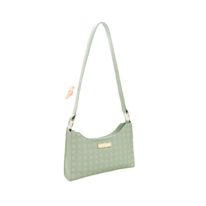 Chic light green quilted baguette bag with rectangular gold hardware and thin shoulder strap