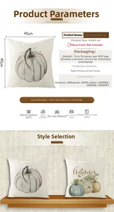 Detail of autumn pumpkin pillow cover featuring 45x45cm size and digital heat transfer print