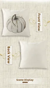 Detail view of the front white pumpkin pattern and the plain linen texture on the back