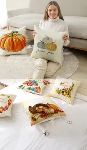 Close-up of harvest pumpkins and sunflowers texture on Thanksgiving pillow cover