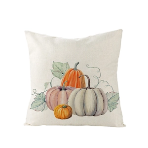 Watercolour pumpkin print throw pillow case in cream linen fabric for Thanksgiving decor