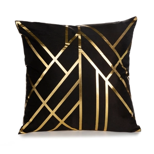 Modern black plush throw pillow with gold geometric foil print and square design