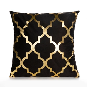 Nordic black velvet square throw pillow with gold geometric foil patterns for sofa decor