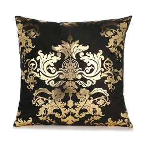 Black plush pillow with gold damask pattern, luxury square cushion for home sofa decor