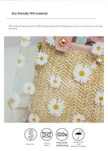 Detail of woven straw base with TPU layer and daisy print with pink piping