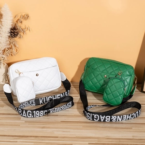 Minimalist quilted crossbody bag set with embroidered wide strap in white and green