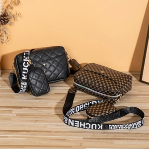 Quilted black and patterned crossbody bag set with wide woven strap and coin pouch
