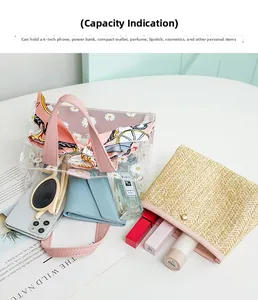 Daisy print transparent PVC tote bag showing internal capacity for daily essentials