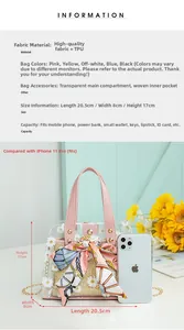 Size comparison of daisy print transparent TPU handbag and inner pouch with phone