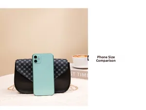 Size comparison of the mini crossbody bag against an iPhone showing its compact capacity