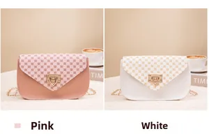 Comparison of pink and white flap mini crossbody bags with gold chain straps and textures