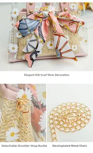 Detail view of transparent daisy PVC bag with straw insert, silk scarf and gold chain