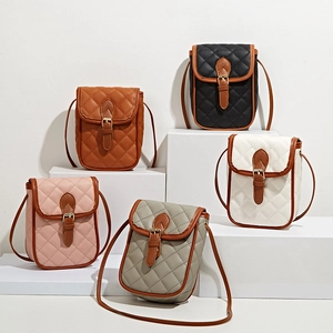 Quilted PU Leather Crossbody Phone Bag Color Block Small Korean Style Fashion Shoulder Purse For Women