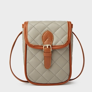 Grey quilted crossbody phone bag with brown trim and golden metal clasp decoration