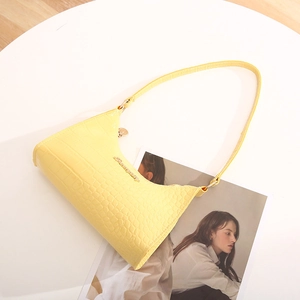 Yellow faux leather hobo shoulder bag with crocodile pattern and golden hardware