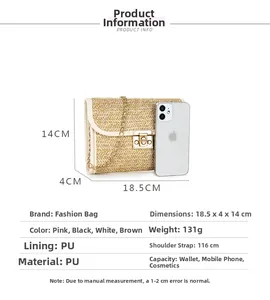 Close-up of woven straw crossbody bag with gold hardware next to a phone for scale