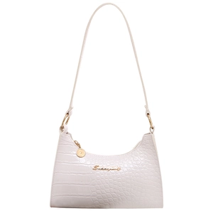 Minimalist cream-white faux leather hobo bag with crocodile pattern and metal logo