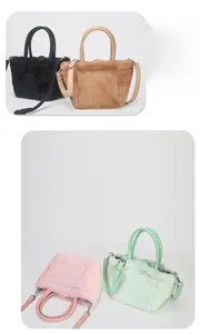 Detail of plush mini tote bags in four colors with leather handles and slim straps