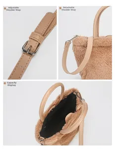 Detail view of adjustable leather strap and spacious interior of camel plush handbag
