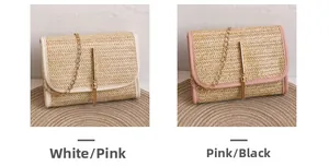 Detail of woven straw bags with metallic tassel and chain in white and pink options