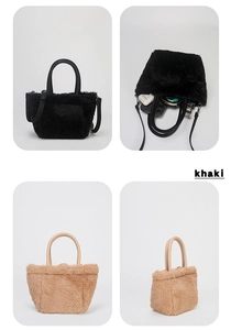 Detailed views of mini plush tote bag showing interior capacity and color options