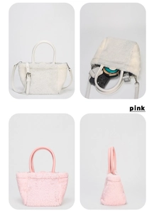 Detail view of pink and white faux fur tote bag showing interior capacity and strap