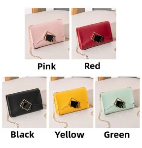Collage of leather crossbody chain bags in pink, red, black, yellow, and green colors