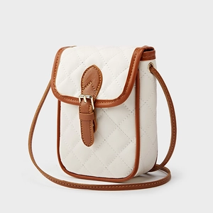 Minimalist quilted crossbody phone bag in white with brown trim and long strap
