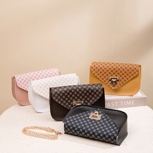 Women Crossbody Phone Bag PU Leather Geometric Pattern Gold Chain Strap Mini Shoulder Bag Korean Style Elegant Versatile