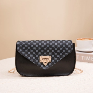 Women's mini crossbody chain bag with blue geometric pattern and gold hardware lock
