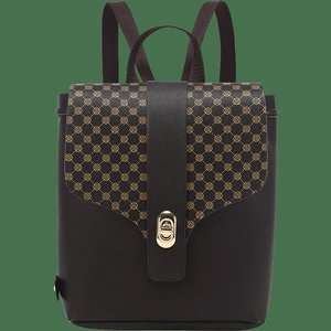 Brown leather women's backpack with floral pattern flap and gold metal twist lock