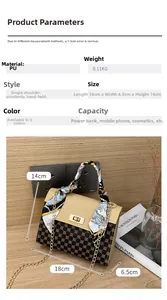Detail of printed PU leather handbag with silk scarf handle and chain strap dimensions