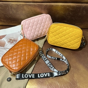 Quilted crossbody square bags in pink yellow and brown with letter print straps