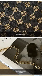Close-up of printed lychee grain leather and shiny golden metal chain strap detail