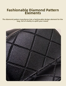 Macro view of black rhombic quilted leather texture and stitching on the women chest bag