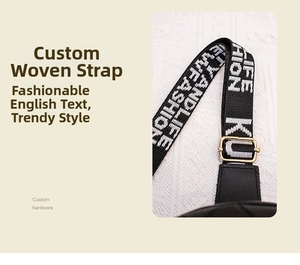 Detail of adjustable nylon strap with LIFE FASHION lettering and gold metal buckle