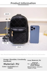 Detailed size specifications of black quilted PU bag with 22cm height and 14cm width
