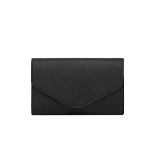 Minimalist black envelope long wallet for women with lychee texture and V-shaped flap