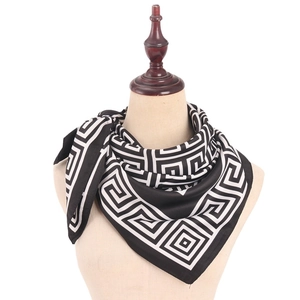 Minimalist black and white geometric square scarf in silk-like satin with greek key pattern
