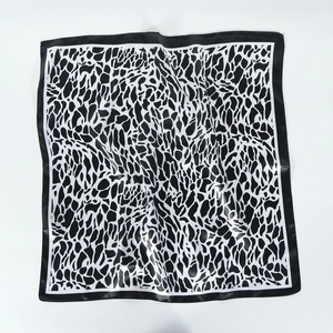 Elegant 60cm square satin silk scarf with black and white leopard animal print pattern