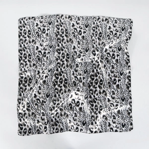 Elegant leopard print square satin silk scarf for women in black white and gray