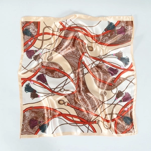 Vintage equestrian square silk scarf with horse strap and chain print on beige satin