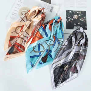 Elegant Women Satin Square Scarf Retro Chain Horse Bit Belt Floral Print Head Hair Neck Handbag Decorative Scarf