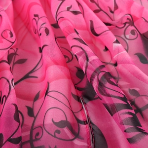 Pink chiffon scarf with black rose floral print and delicate stitched edge detailing