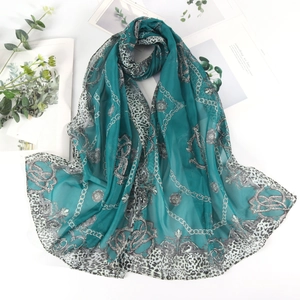 Dark green leopard print chiffon scarf with vintage chain patterns and foliage decor