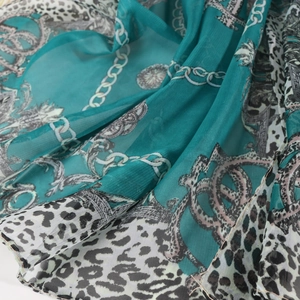 Lightweight leopard and baroque print chiffon silk scarf in emerald green for women
