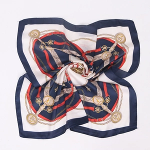 Classic chain print satin square scarf in navy and red, versatile silk-like accessory