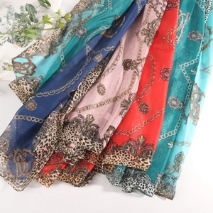 Chiffon leopard print scarves for women in blue, pink, and red with chain patterns
