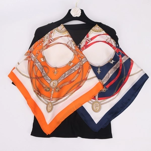 Satin square scarves with luxury chain and horse harness print in orange and navy blue