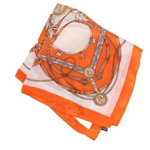 Orange 70cm square scarf with vintage chain and belt prints for women in silk-like polyester